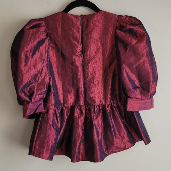 ASOS Metallic Bubble Puff Sleeve Taffeta Top Deep Red - Picture 4 of 10